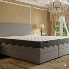 Gray mattress set in a bedroom with a chandelier and window-  Pocketed Foam‑Encased Mattress 